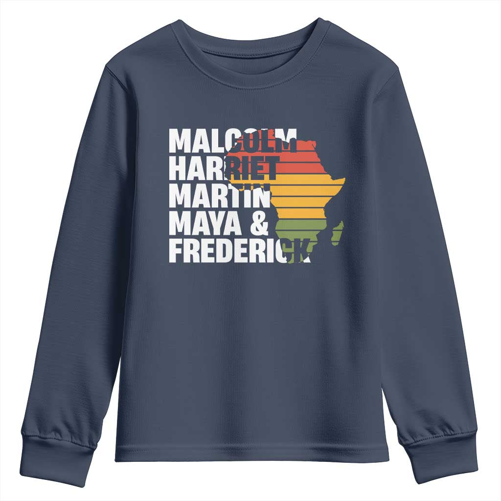 Black History Leaders Youth Sweatshirt Malcolm Harriet Martin Maya Frederick Africa Map TS11 Navy Print Your Wear