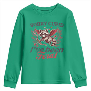 Funny Sorry Cupid I've Been Feral Youth Sweatshirt Valentine's Day Cupid Racoon TS11 Irish Green Print Your Wear