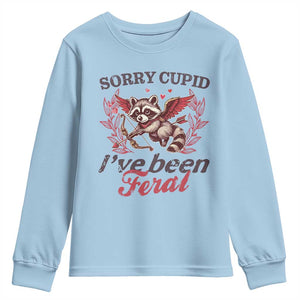 Funny Sorry Cupid I've Been Feral Youth Sweatshirt Valentine's Day Cupid Racoon TS11 Light Blue Print Your Wear