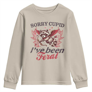 Funny Sorry Cupid I've Been Feral Youth Sweatshirt Valentine's Day Cupid Racoon TS11 Sand Print Your Wear