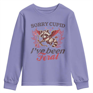 Funny Sorry Cupid I've Been Feral Youth Sweatshirt Valentine's Day Cupid Racoon TS11 Violet Print Your Wear