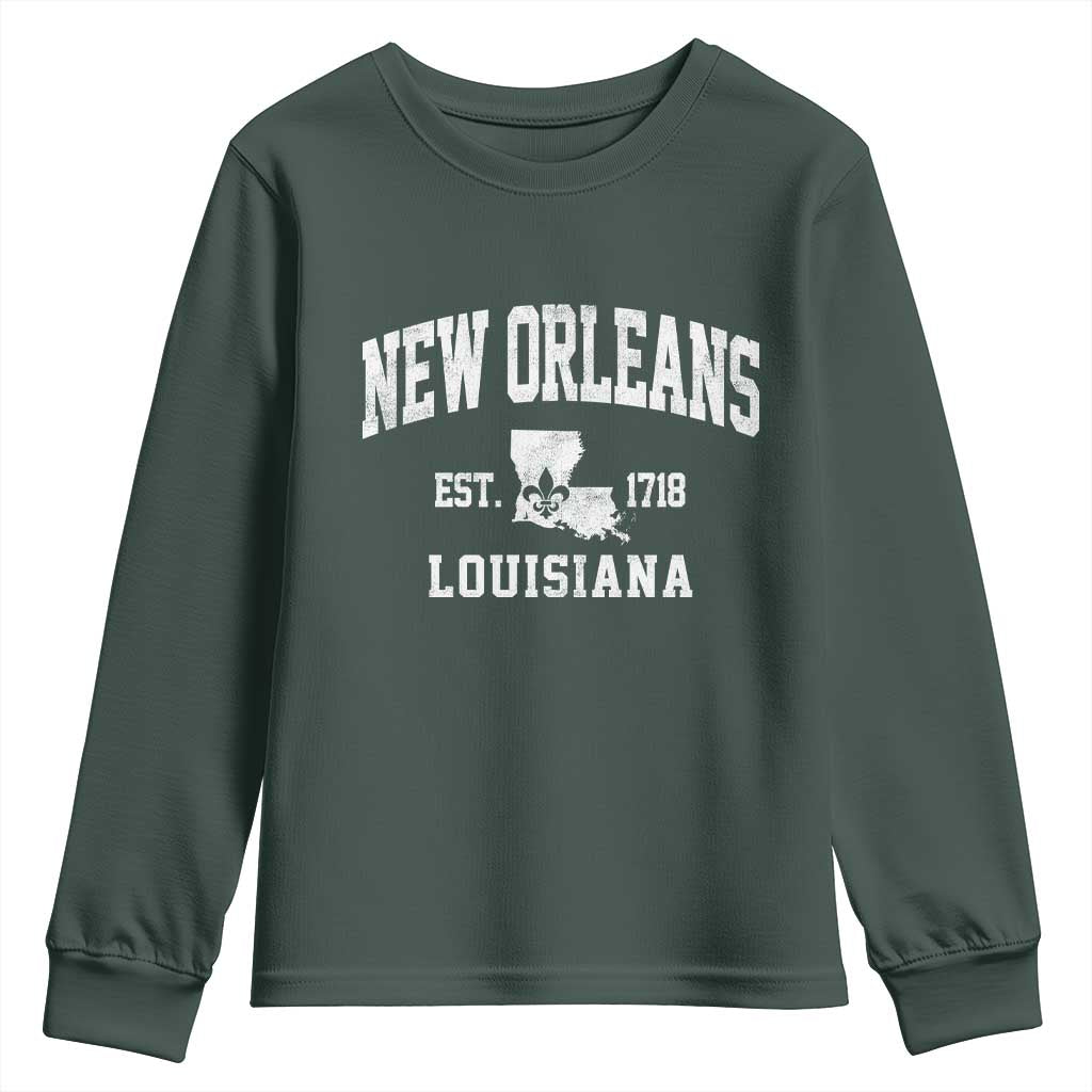New Orleans Louisiana LA Est 1718 Youth Sweatshirt TS11 Dark Forest Green Print Your Wear
