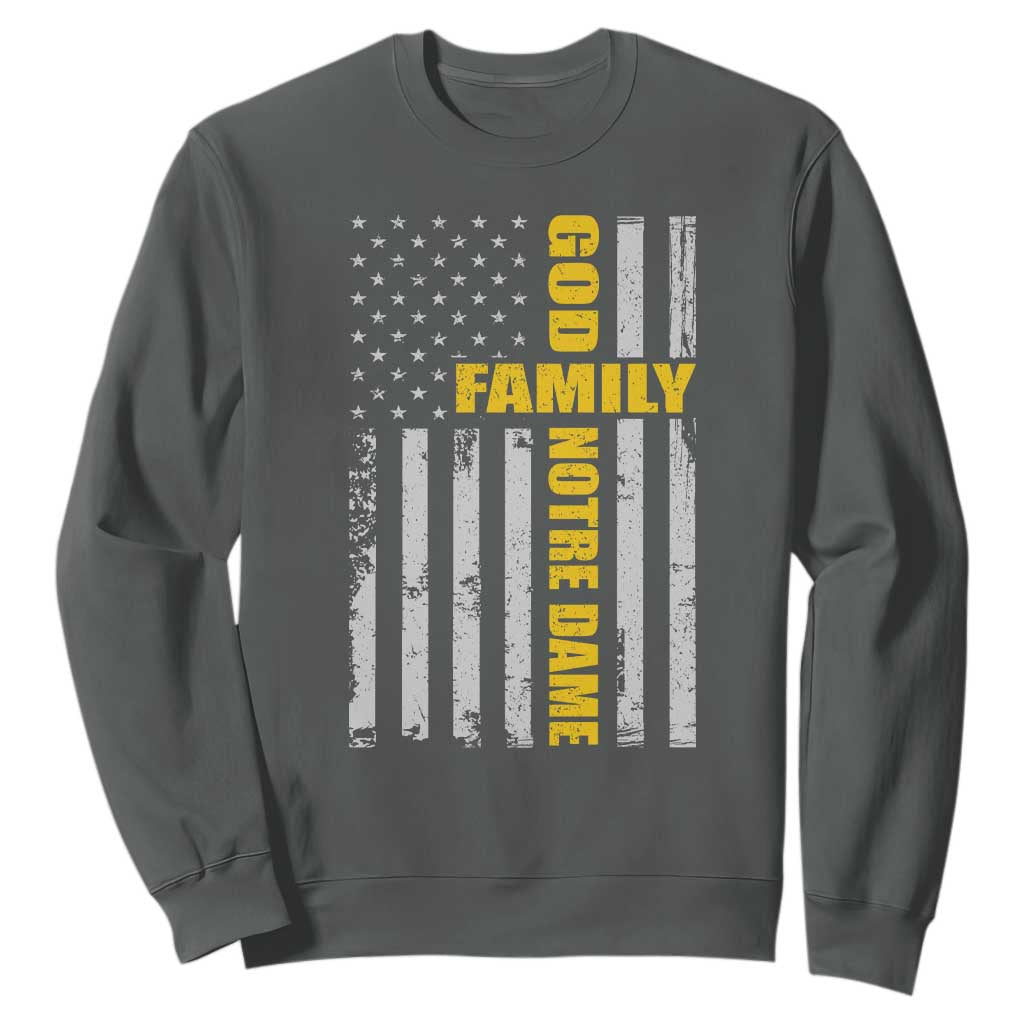 God Family Notre Dame Sweatshirt Irish Patriotic American Flag TS11 Dark Heather Print Your Wear