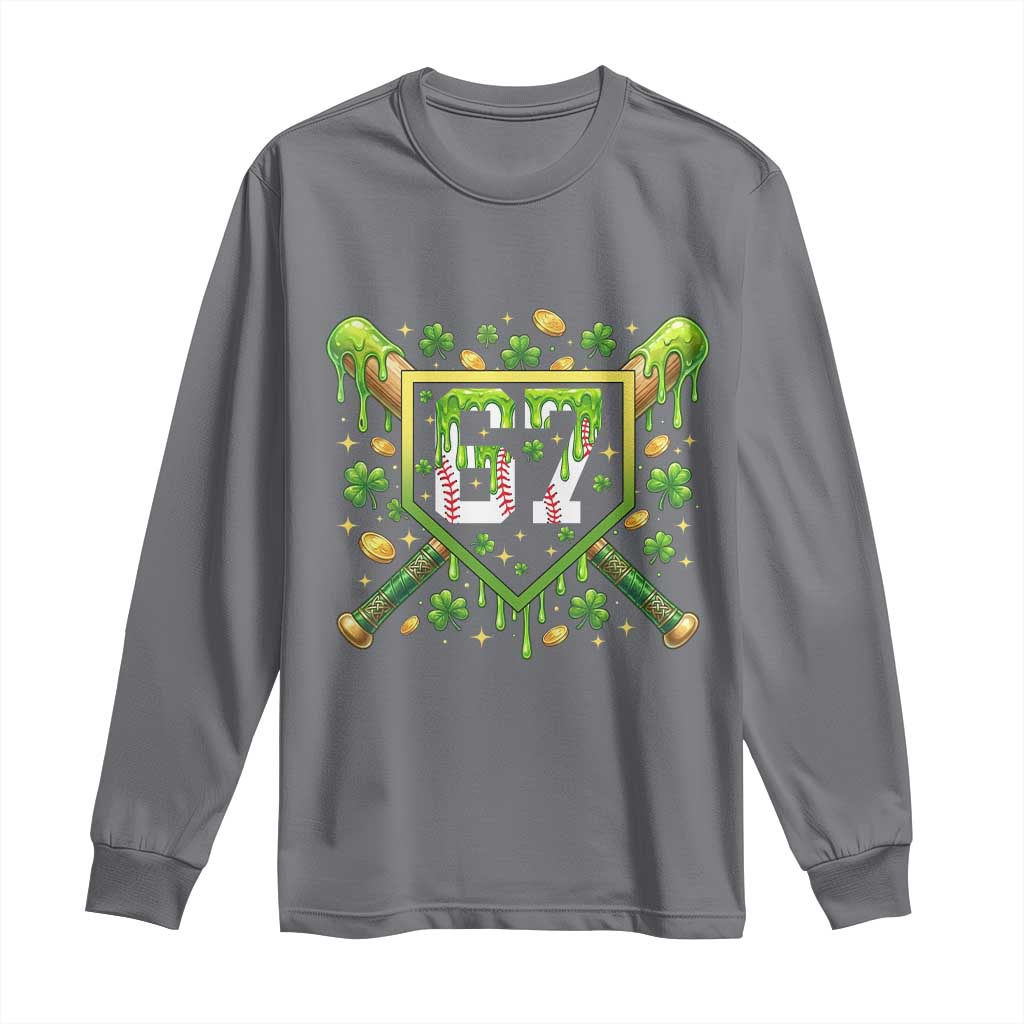 Funny St Patricks Day 67 Six Seven Baseball Ice Cream Drip Long Sleeve Shirt TS11 Charcoal Print Your Wear