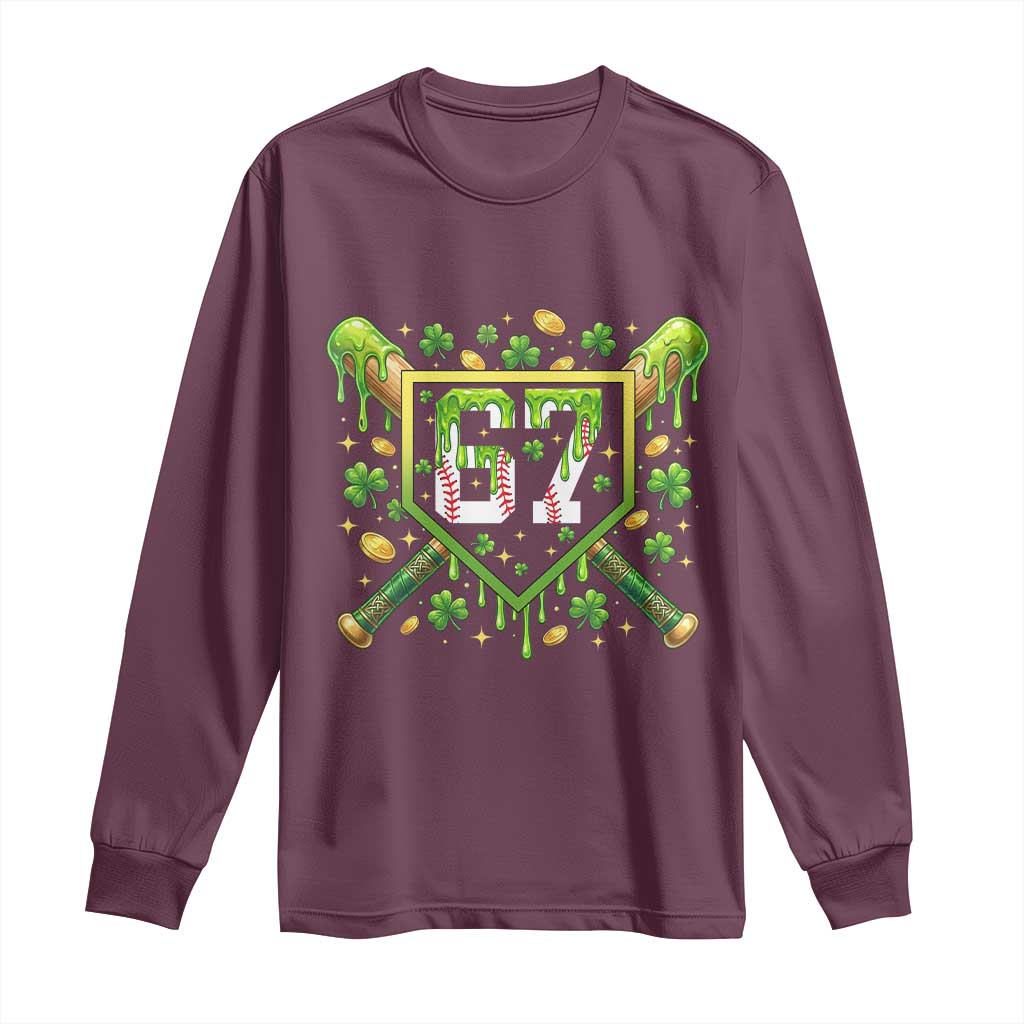 Funny St Patricks Day 67 Six Seven Baseball Ice Cream Drip Long Sleeve Shirt TS11 Maroon Print Your Wear