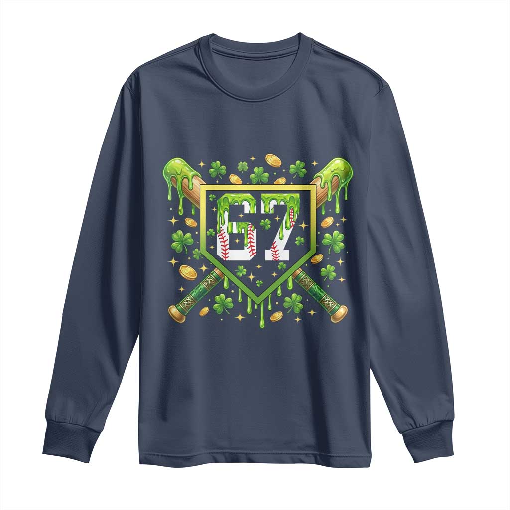 Funny St Patricks Day 67 Six Seven Baseball Ice Cream Drip Long Sleeve Shirt TS11 Navy Print Your Wear
