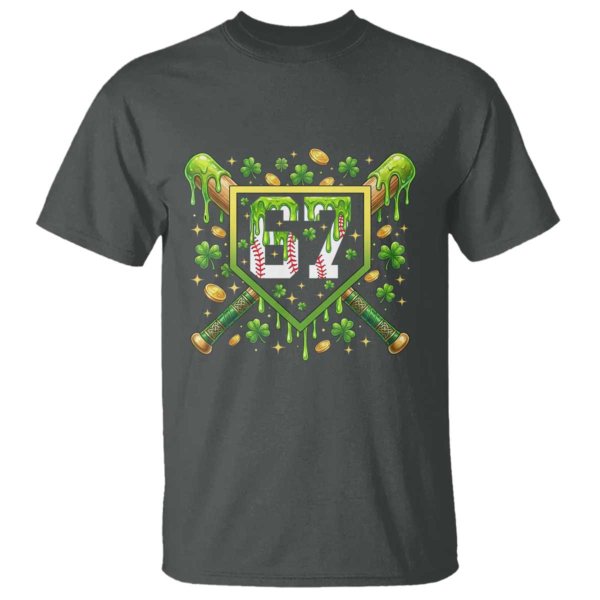 Funny St Patricks Day 67 Six Seven Baseball Ice Cream Drip T Shirt TS11 Dark Heather Print Your Wear