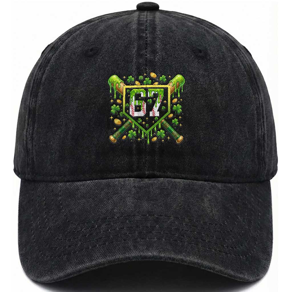 Funny St Patricks Day 67 Six Seven Baseball Ice Cream Drip Washed Cotton Baseball Cap TS11 Washed Cap Universal Fit Black Print Your Wear