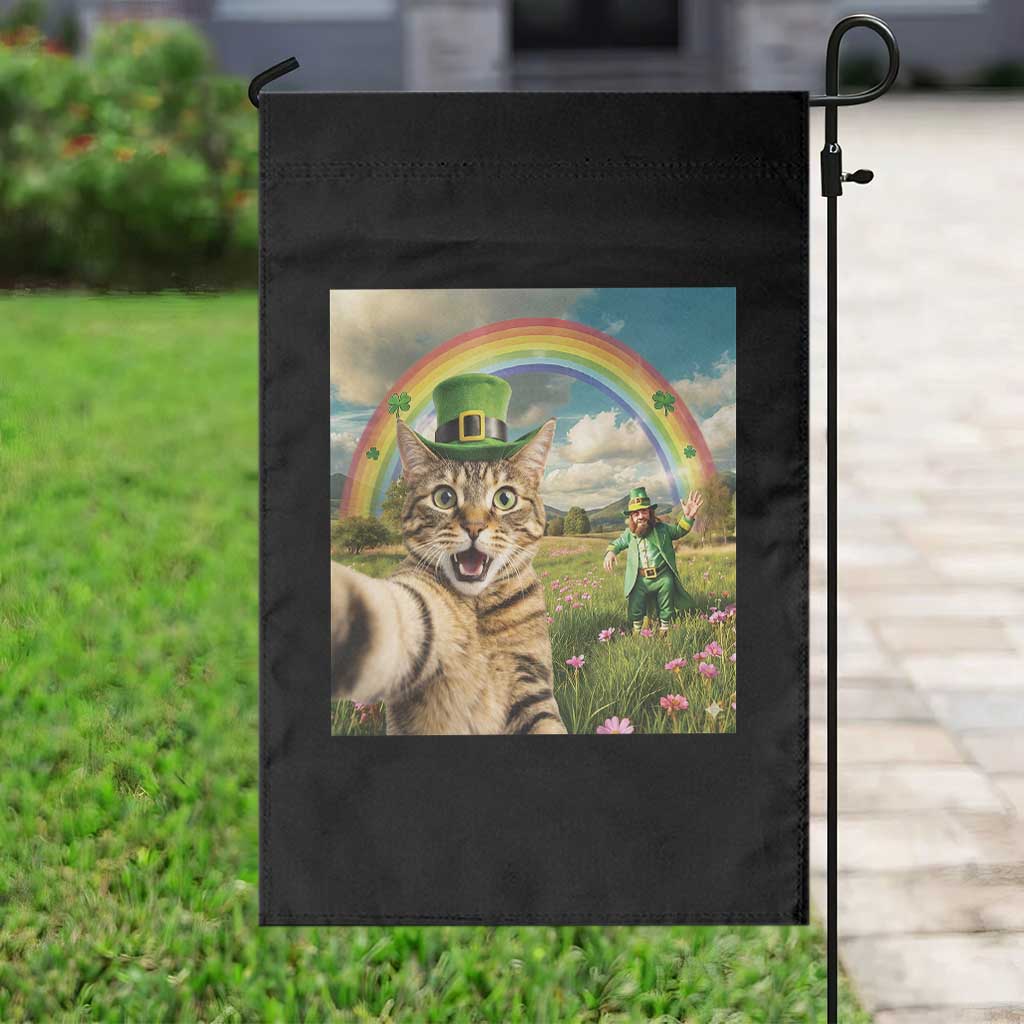 St Patricks Day Cat Selfie with Leprechaun Garden Flag TS11 Print Your Wear