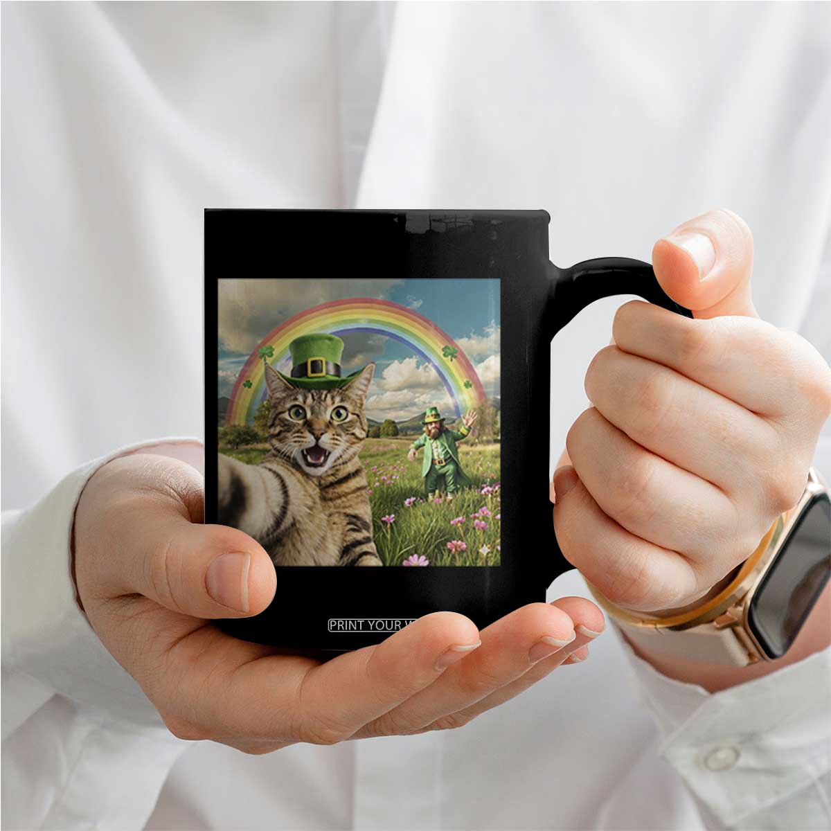 St Patricks Day Cat Selfie with Leprechaun Coffee Mug TS11 Print Your Wear
