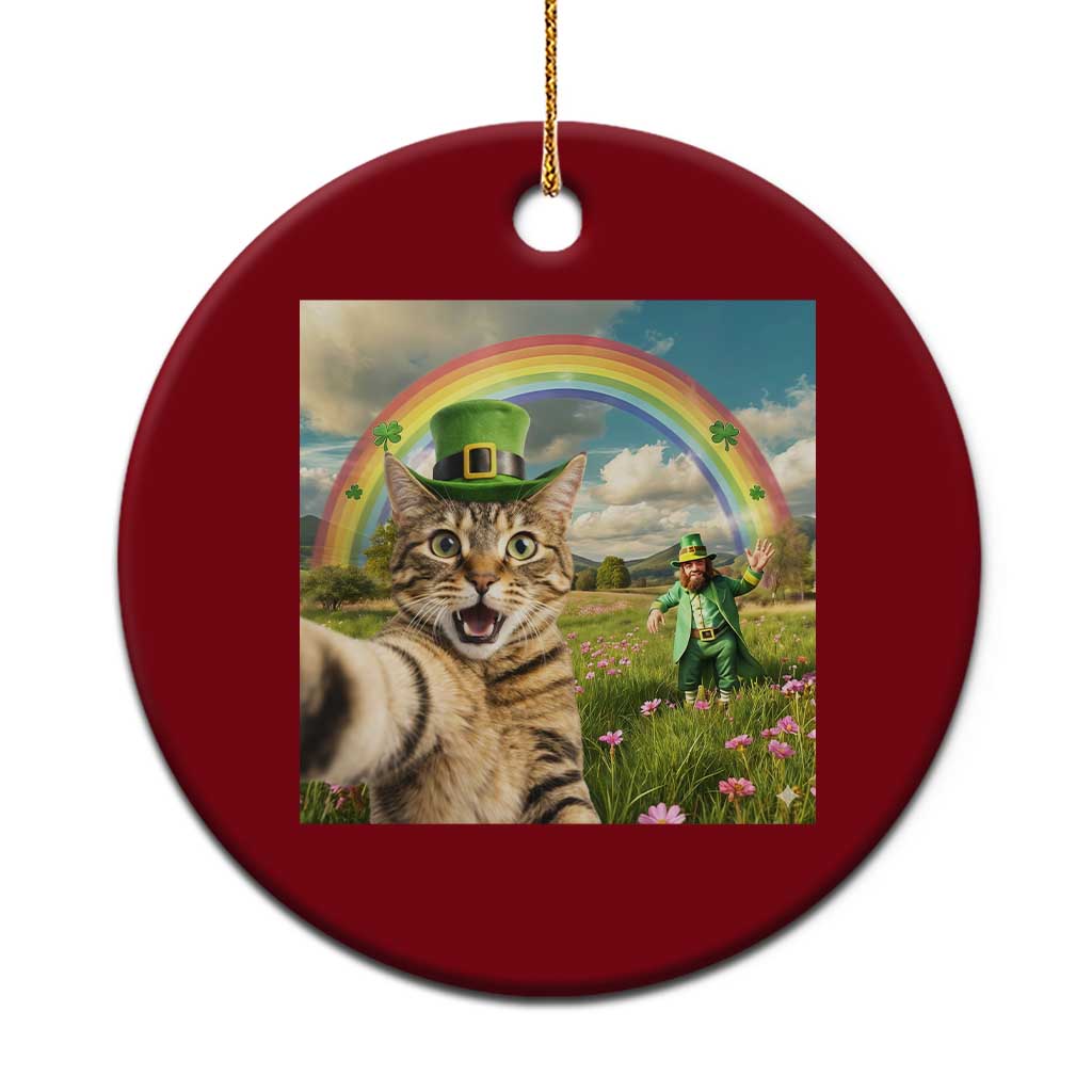St Patricks Day Cat Selfie with Leprechaun Ceramic Ornament TS11 1pc Red Print Your Wear