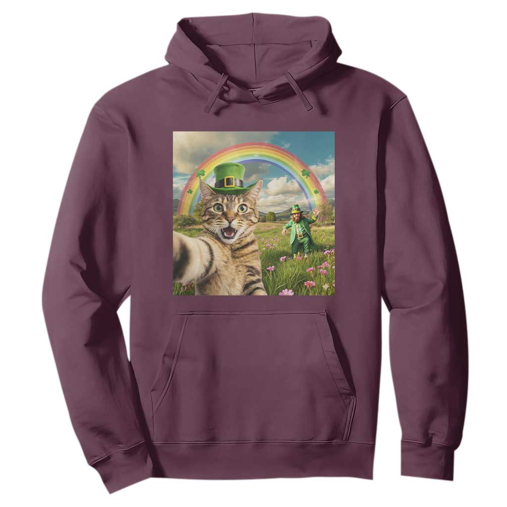 St Patricks Day Cat Selfie with Leprechaun Hoodie TS11 Maroon Print Your Wear