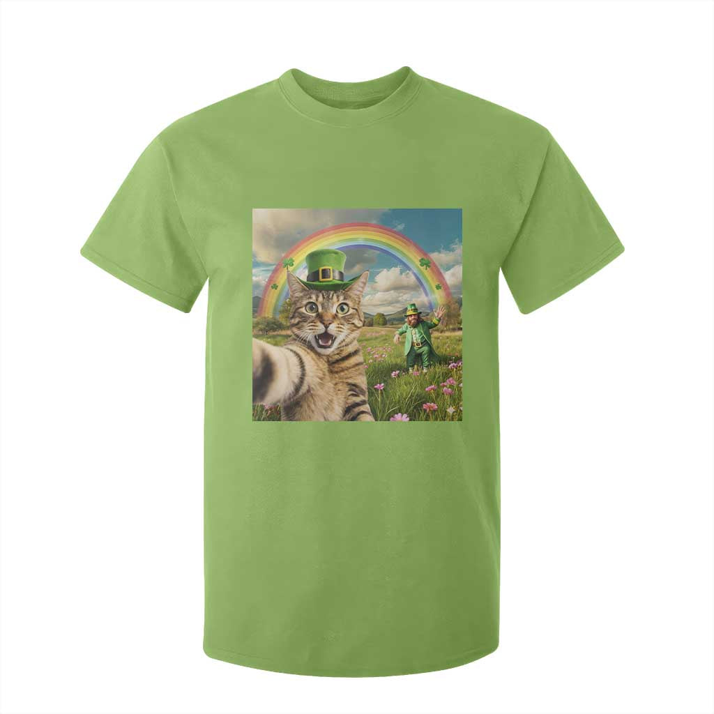 St Patricks Day Cat Selfie with Leprechaun T Shirt For Kid TS11 Lime Print Your Wear