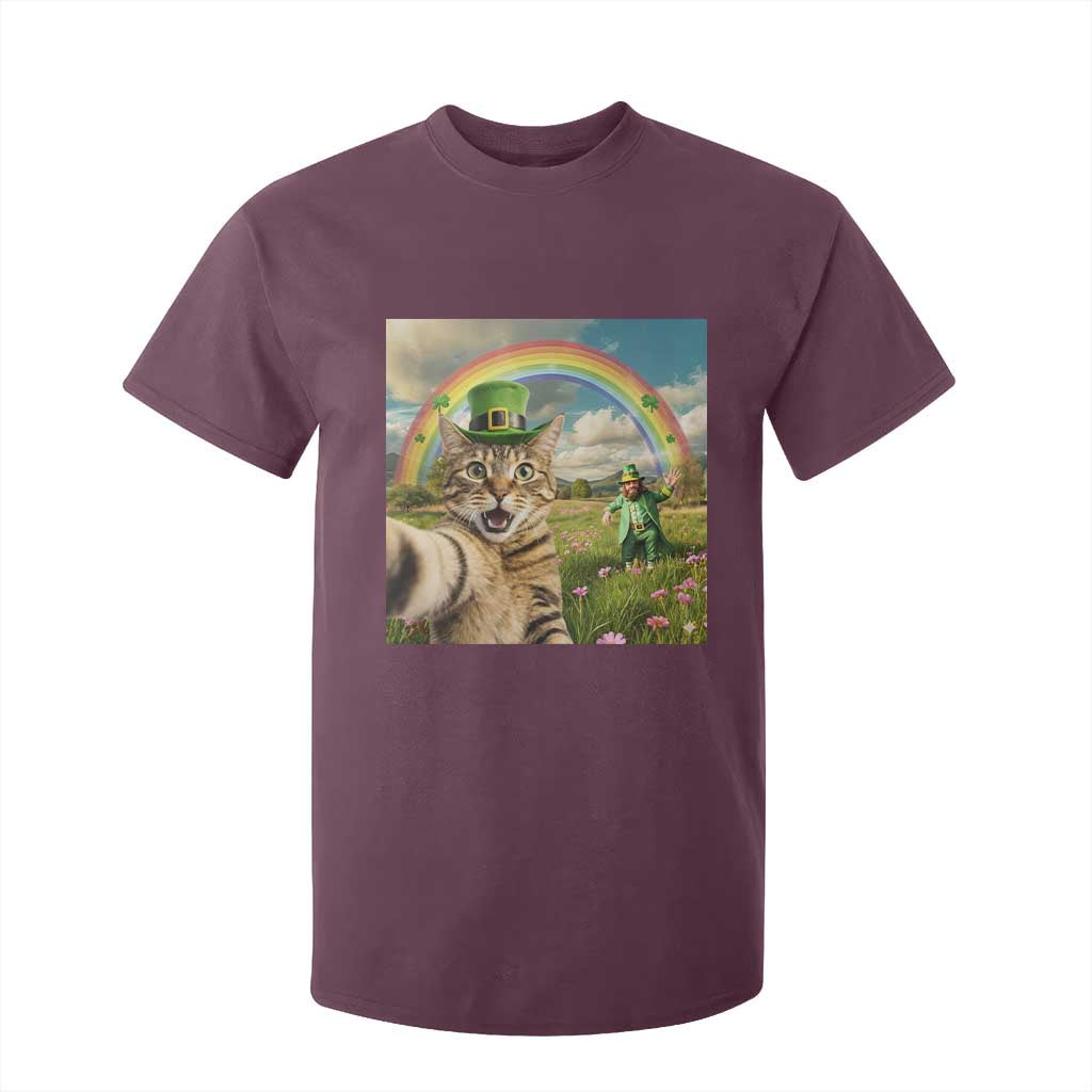 St Patricks Day Cat Selfie with Leprechaun T Shirt For Kid TS11 Maroon Print Your Wear