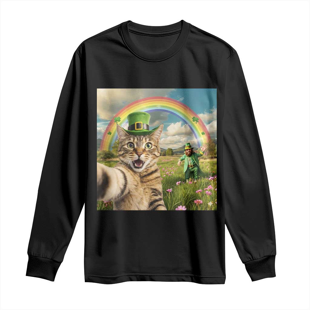 St Patricks Day Cat Selfie with Leprechaun Long Sleeve Shirt TS11 Black Print Your Wear