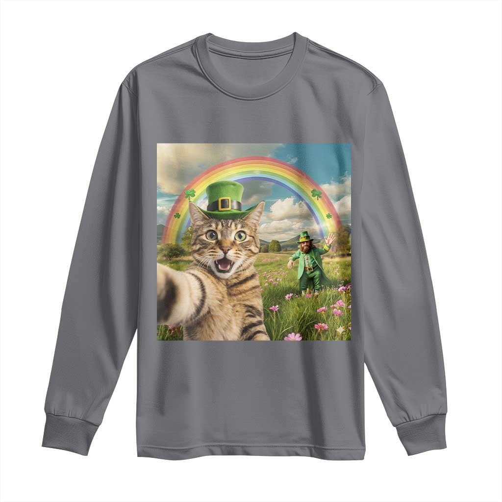 St Patricks Day Cat Selfie with Leprechaun Long Sleeve Shirt TS11 Charcoal Print Your Wear