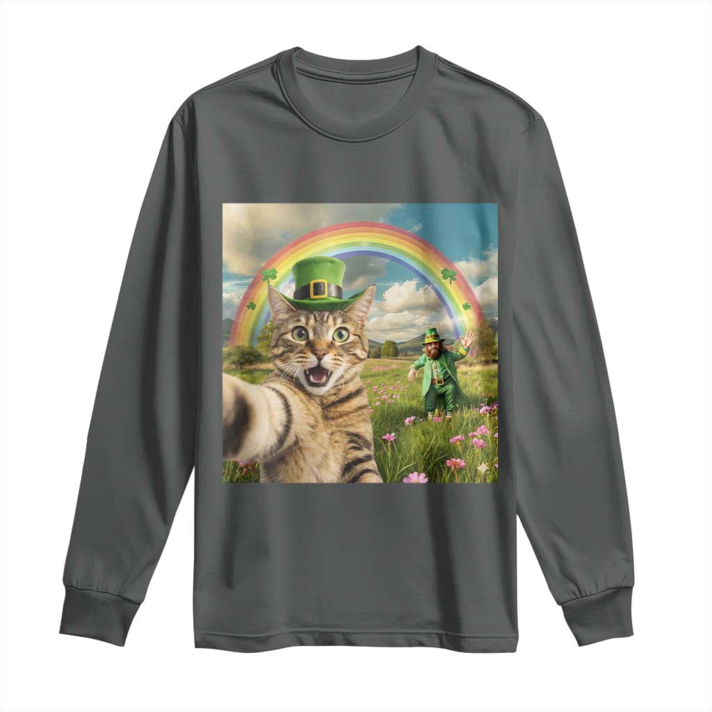 St Patricks Day Cat Selfie with Leprechaun Long Sleeve Shirt TS11 Dark Heather Print Your Wear