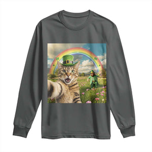 St Patricks Day Cat Selfie with Leprechaun Long Sleeve Shirt TS11 Dark Heather Print Your Wear
