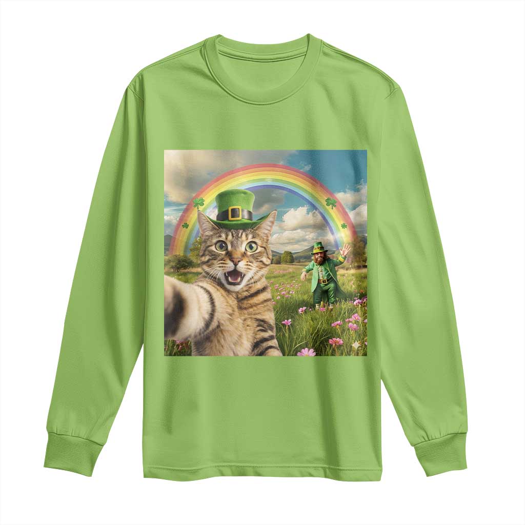 St Patricks Day Cat Selfie with Leprechaun Long Sleeve Shirt TS11 Lime Print Your Wear
