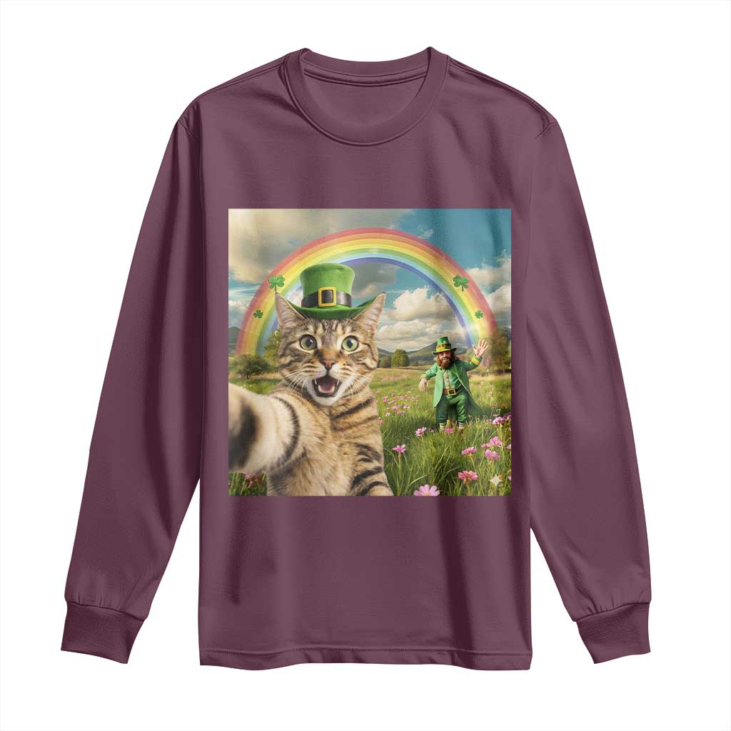 St Patricks Day Cat Selfie with Leprechaun Long Sleeve Shirt TS11 Maroon Print Your Wear
