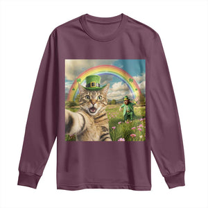 St Patricks Day Cat Selfie with Leprechaun Long Sleeve Shirt TS11 Maroon Print Your Wear