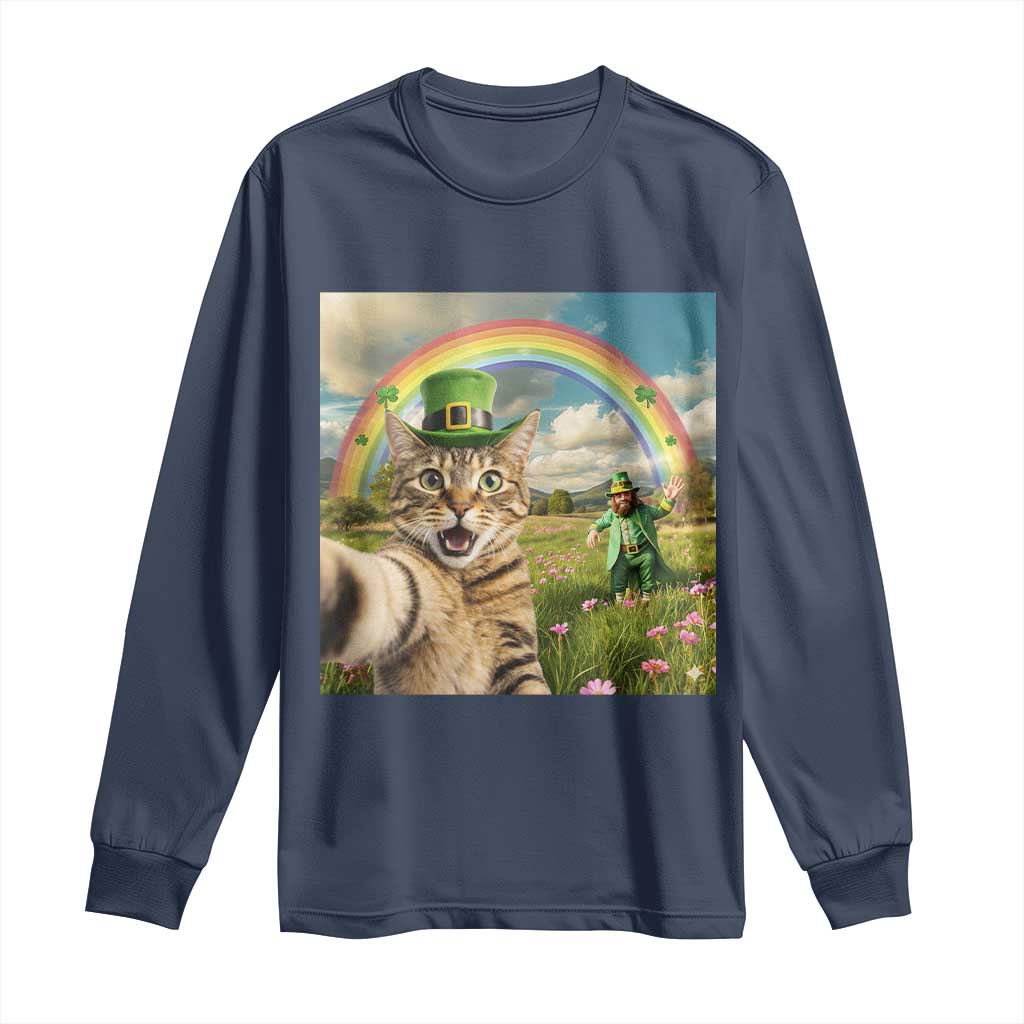 St Patricks Day Cat Selfie with Leprechaun Long Sleeve Shirt TS11 Navy Print Your Wear