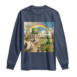 St Patricks Day Cat Selfie with Leprechaun Long Sleeve Shirt TS11 Navy Print Your Wear