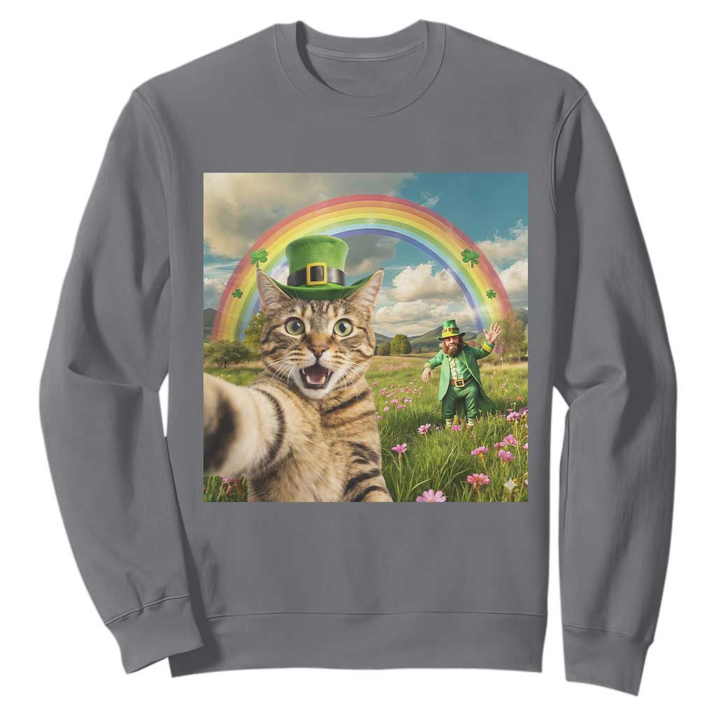 St Patricks Day Cat Selfie with Leprechaun Sweatshirt TS11 Charcoal Print Your Wear