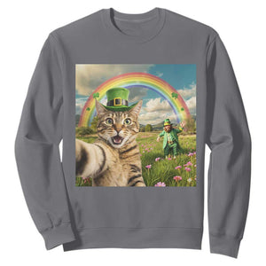 St Patricks Day Cat Selfie with Leprechaun Sweatshirt TS11 Charcoal Print Your Wear