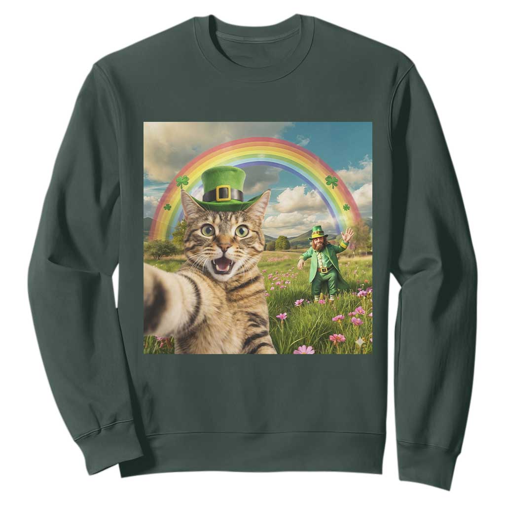 St Patricks Day Cat Selfie with Leprechaun Sweatshirt TS11 Dark Forest Green Print Your Wear