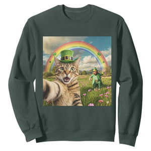 St Patricks Day Cat Selfie with Leprechaun Sweatshirt TS11 Dark Forest Green Print Your Wear