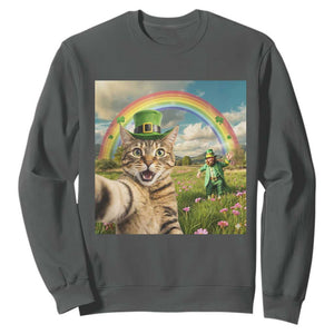 St Patricks Day Cat Selfie with Leprechaun Sweatshirt TS11 Dark Heather Print Your Wear