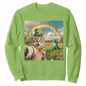 St Patricks Day Cat Selfie with Leprechaun Sweatshirt TS11 Lime Print Your Wear