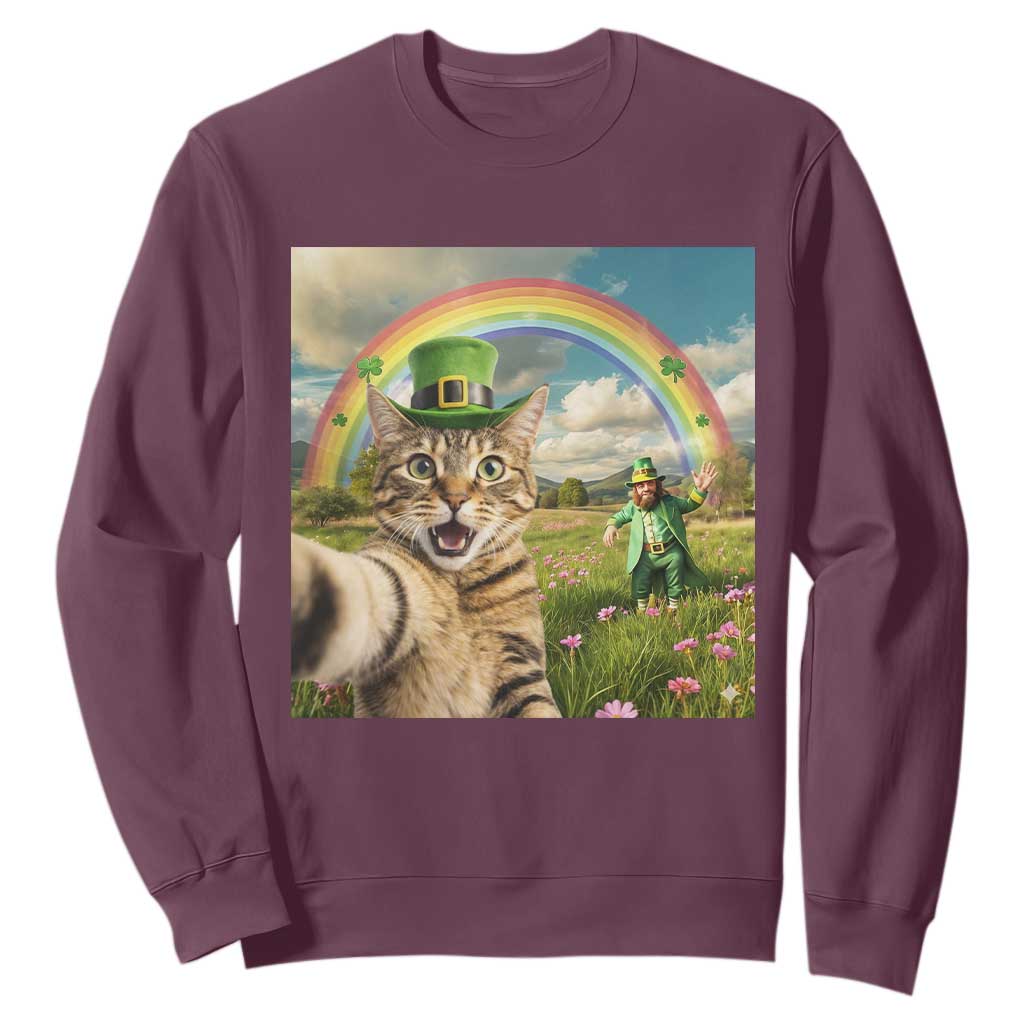 St Patricks Day Cat Selfie with Leprechaun Sweatshirt TS11 Maroon Print Your Wear