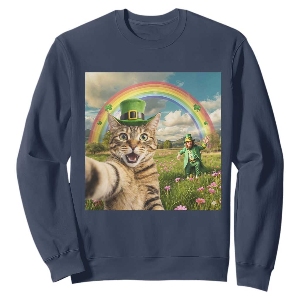 St Patricks Day Cat Selfie with Leprechaun Sweatshirt TS11 Navy Print Your Wear