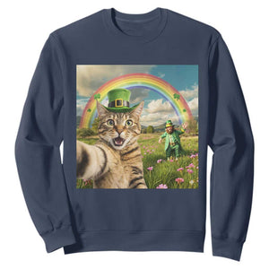 St Patricks Day Cat Selfie with Leprechaun Sweatshirt TS11 Navy Print Your Wear