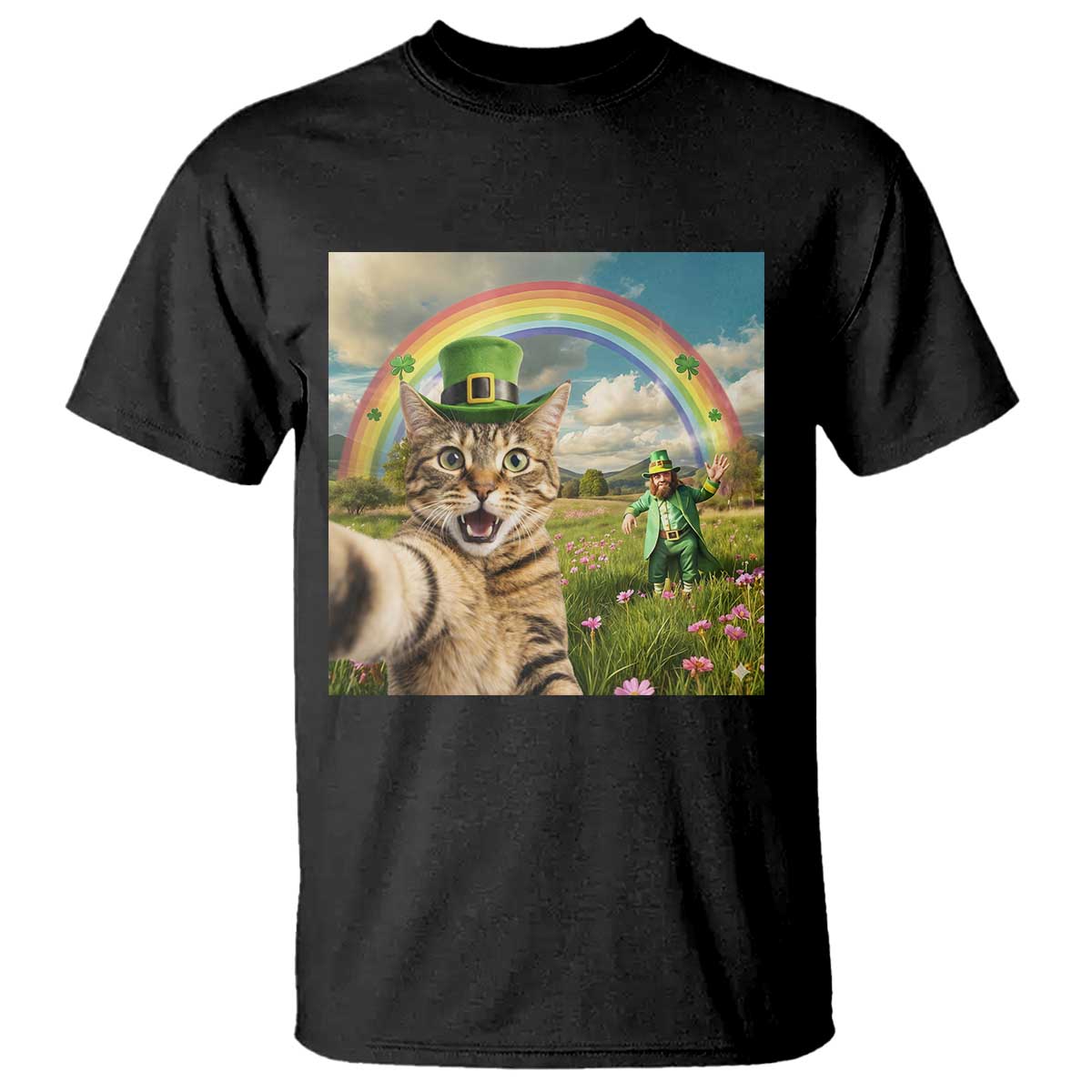St Patricks Day Cat Selfie with Leprechaun T Shirt TS11 Black Print Your Wear