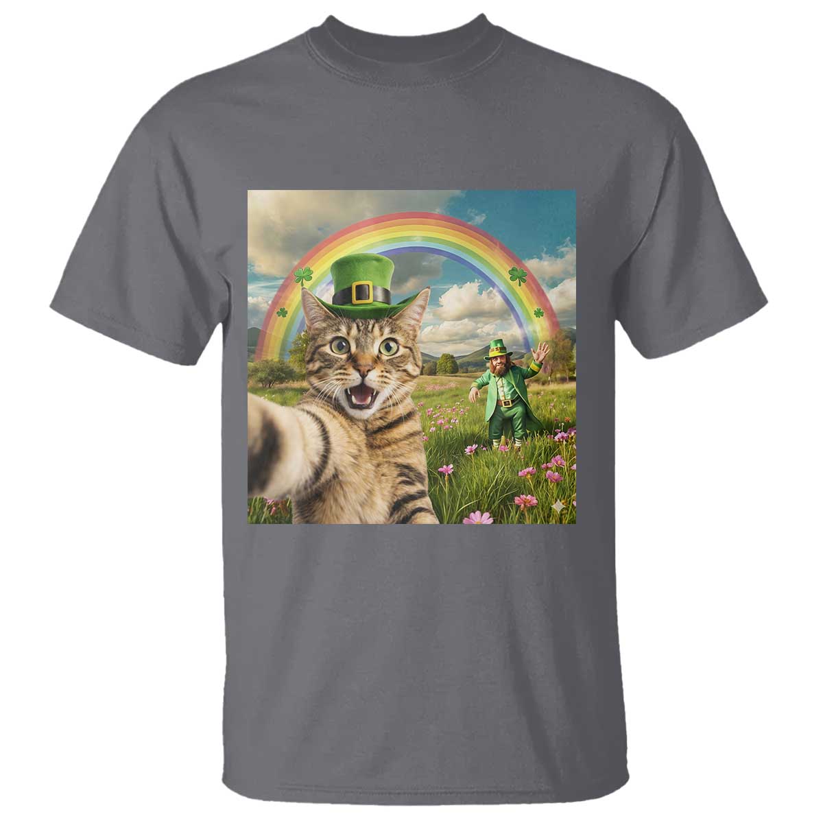 St Patricks Day Cat Selfie with Leprechaun T Shirt TS11 Charcoal Print Your Wear