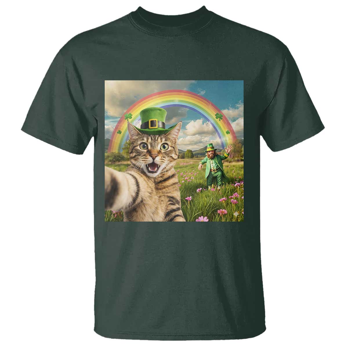 St Patricks Day Cat Selfie with Leprechaun T Shirt TS11 Dark Forest Green Print Your Wear