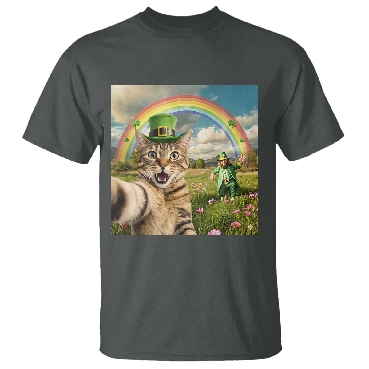 St Patricks Day Cat Selfie with Leprechaun T Shirt TS11 Dark Heather Print Your Wear