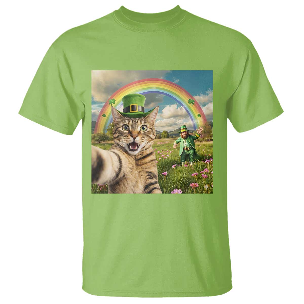 St Patricks Day Cat Selfie with Leprechaun T Shirt TS11 Lime Print Your Wear
