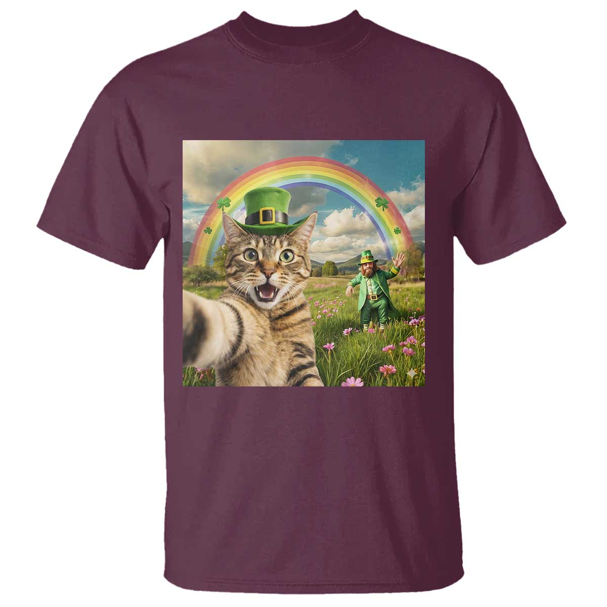 St Patricks Day Cat Selfie with Leprechaun T Shirt TS11 Maroon Print Your Wear