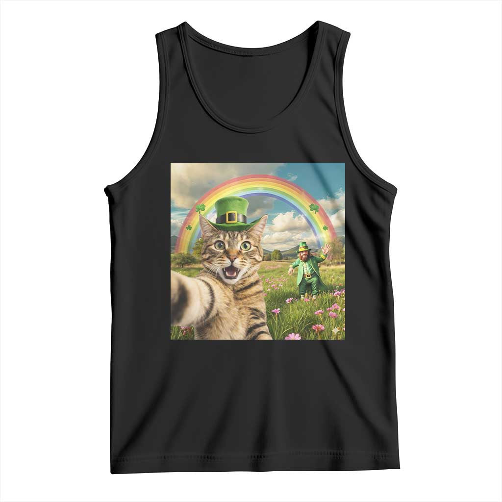 St Patricks Day Cat Selfie with Leprechaun Tank Top TS11 Black Print Your Wear