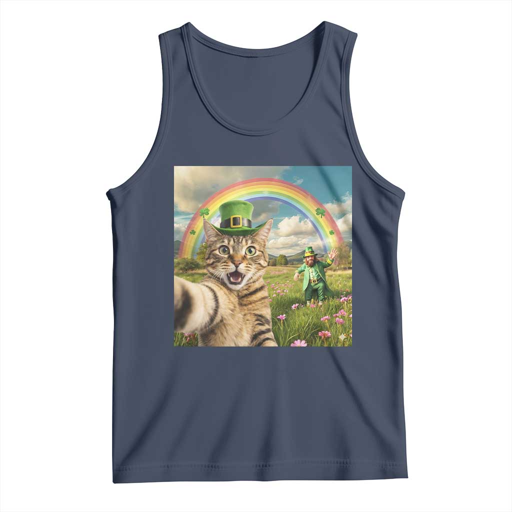 St Patricks Day Cat Selfie with Leprechaun Tank Top TS11 Navy Print Your Wear