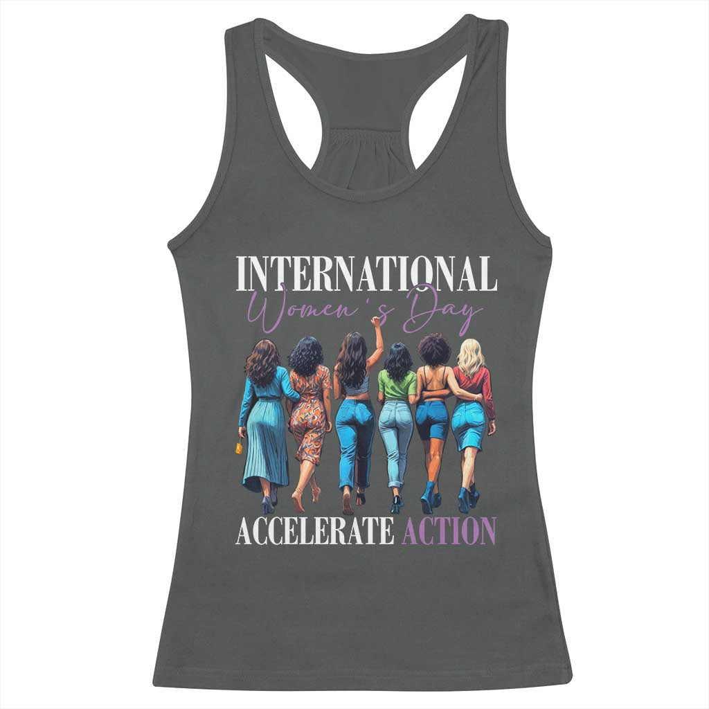 International Women's Day 2025 Racerback Tank Top Accelerate Action 8 March IWD TS11 Dark Heather Print Your Wear
