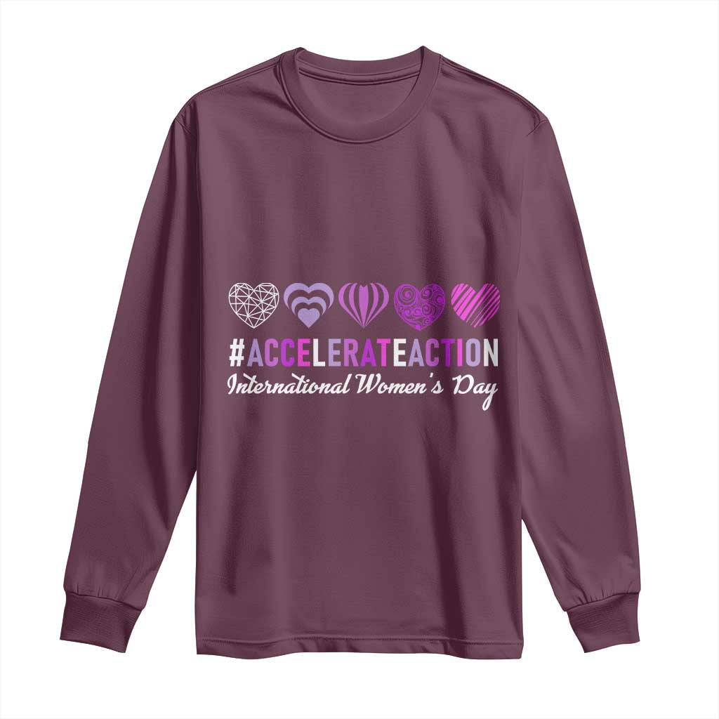 International Women's Day 2025 Long Sleeve Shirt Accelerate Action IWD 8 March TS11 Maroon Print Your Wear