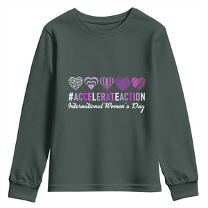 International Women's Day 2025 Youth Sweatshirt Accelerate Action IWD 8 March TS11 Dark Forest Green Print Your Wear