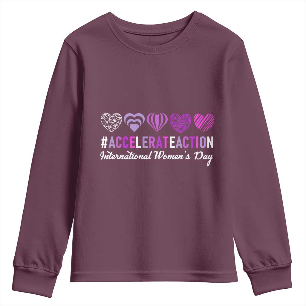 International Women's Day 2025 Youth Sweatshirt Accelerate Action IWD 8 March TS11 Maroon Print Your Wear
