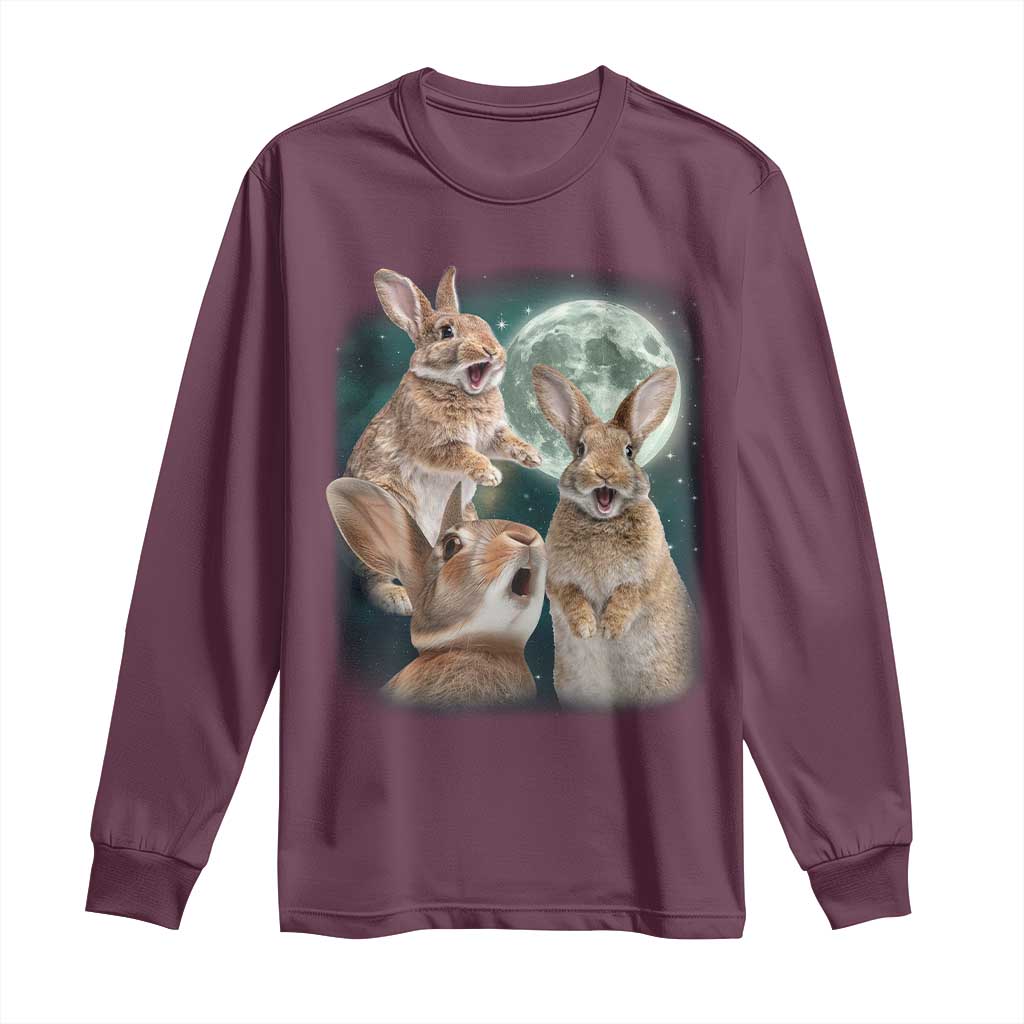Funny Three Bunny Moon Humorous Rabbit Meme Long Sleeve Shirt TS11 Maroon Print Your Wear