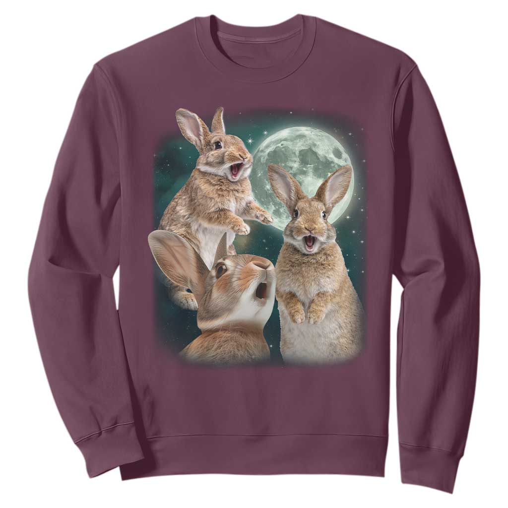 Funny Three Bunny Moon Humorous Rabbit Meme Sweatshirt TS11 Maroon Print Your Wear